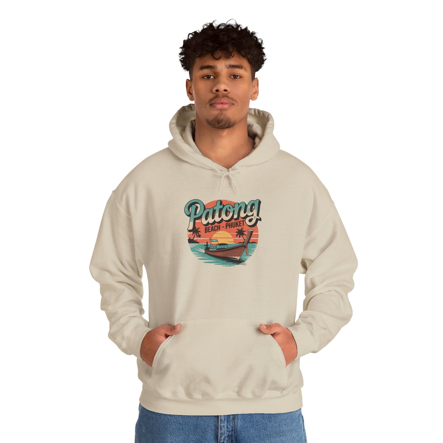 patong beach thailand travel hoodie – vintage sunset longtail boat design