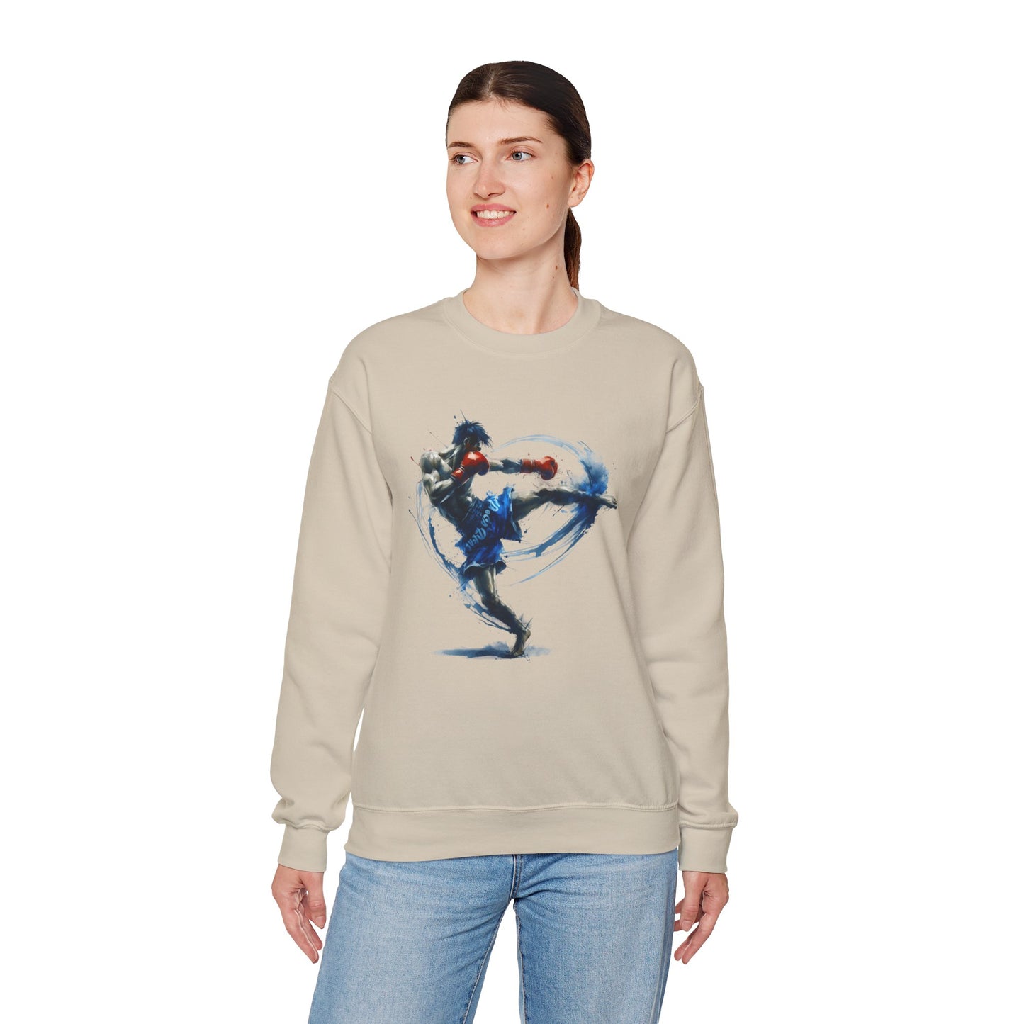 muay thai fighter crewneck sweatshirt — dynamic watercolor muay thai artwork