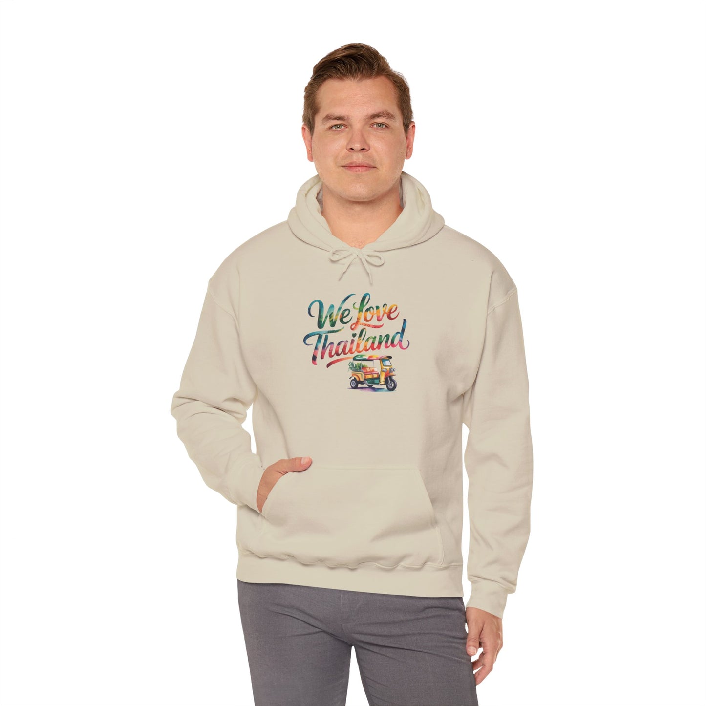 thailand travel hoodie — "we love thailand" tuk tuk graphic