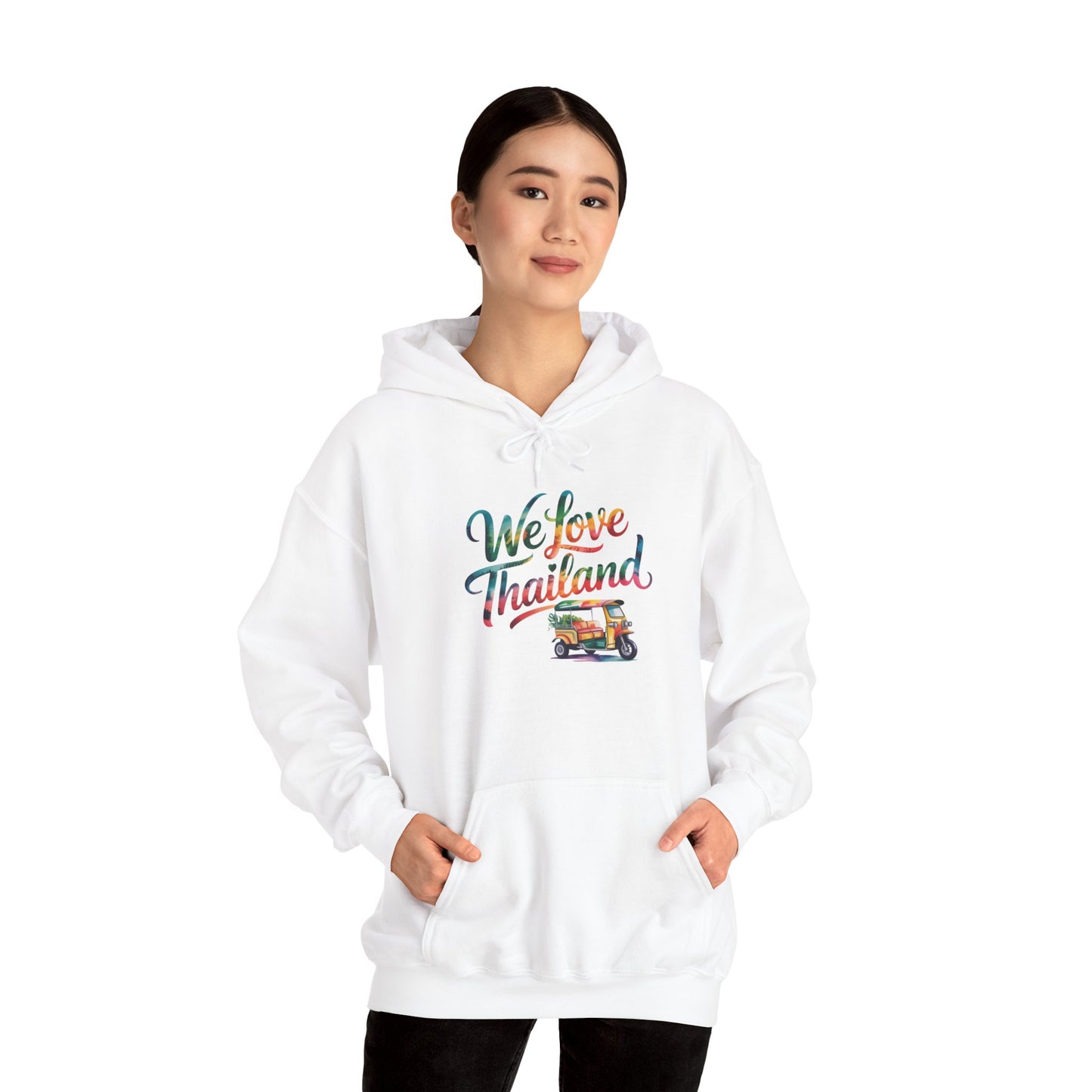 thailand travel hoodie — "we love thailand" tuk tuk graphic