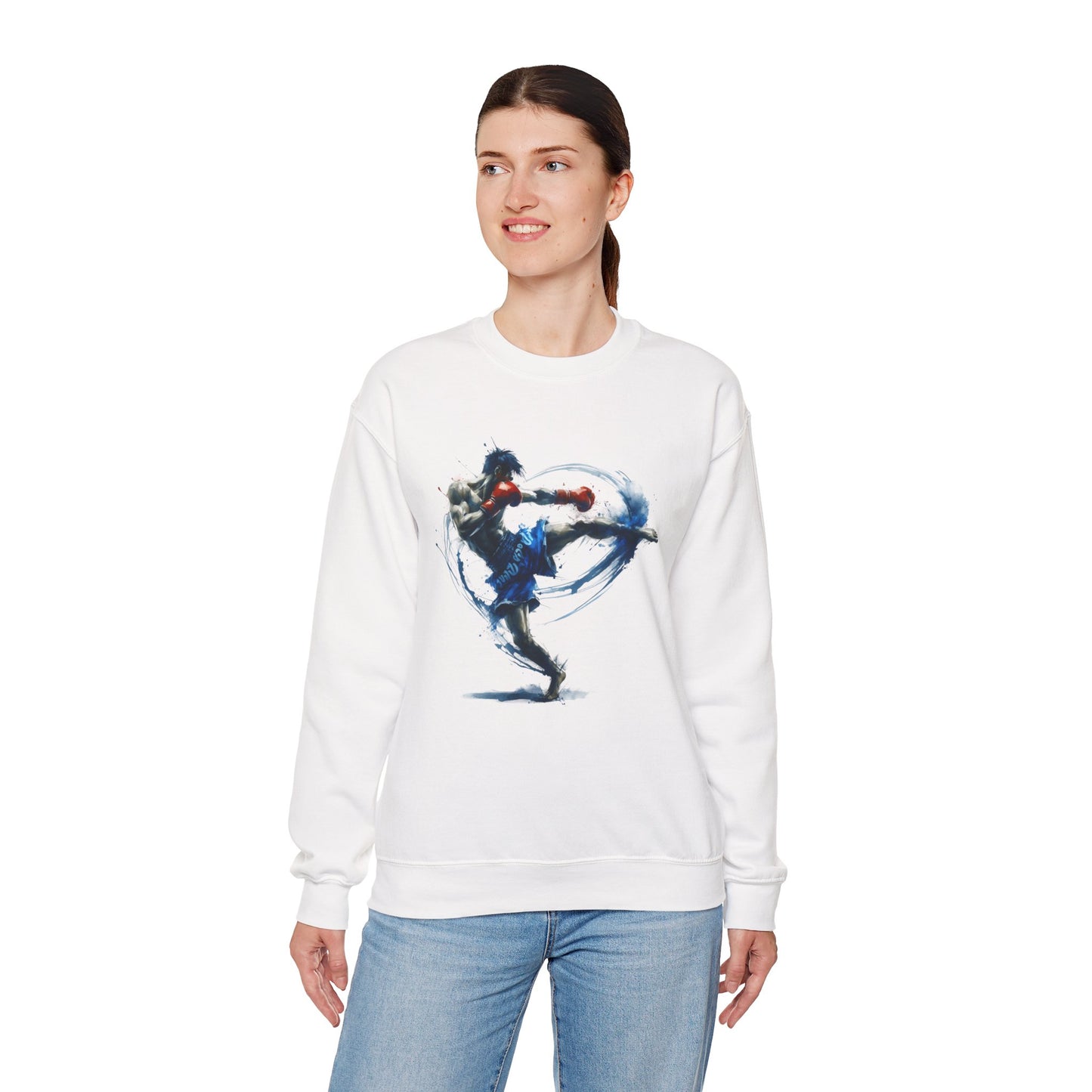 muay thai fighter crewneck sweatshirt — dynamic watercolor muay thai artwork
