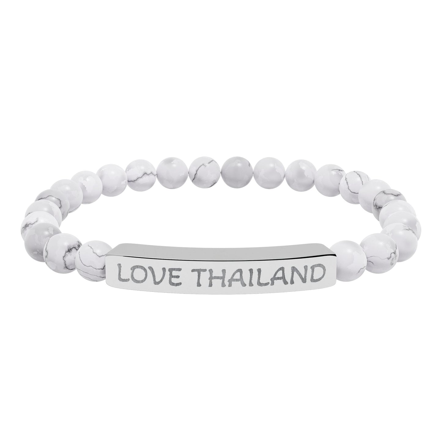 engraved natural stone stretch bracelet — love thailand beaded bar bracelet