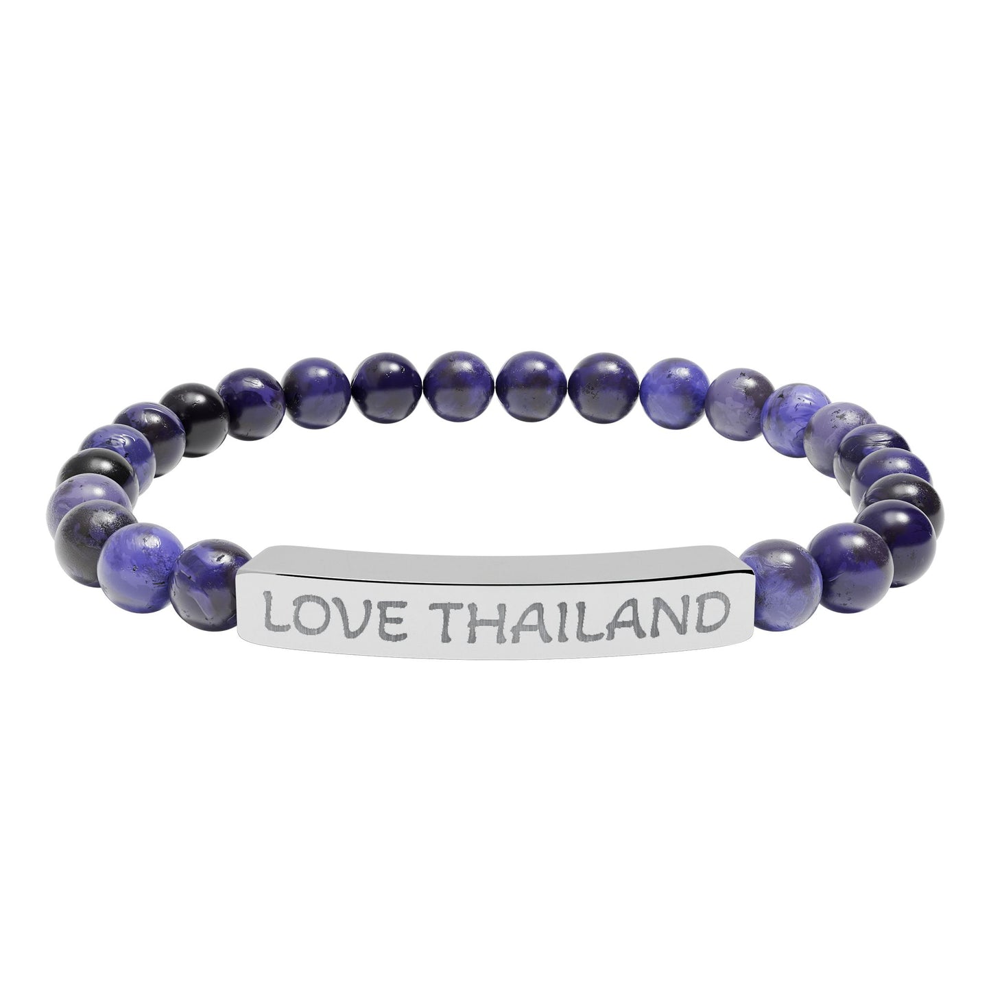 engraved natural stone stretch bracelet — love thailand beaded bar bracelet