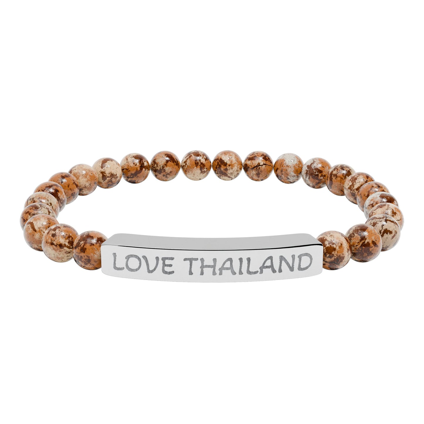 engraved natural stone stretch bracelet — love thailand beaded bar bracelet