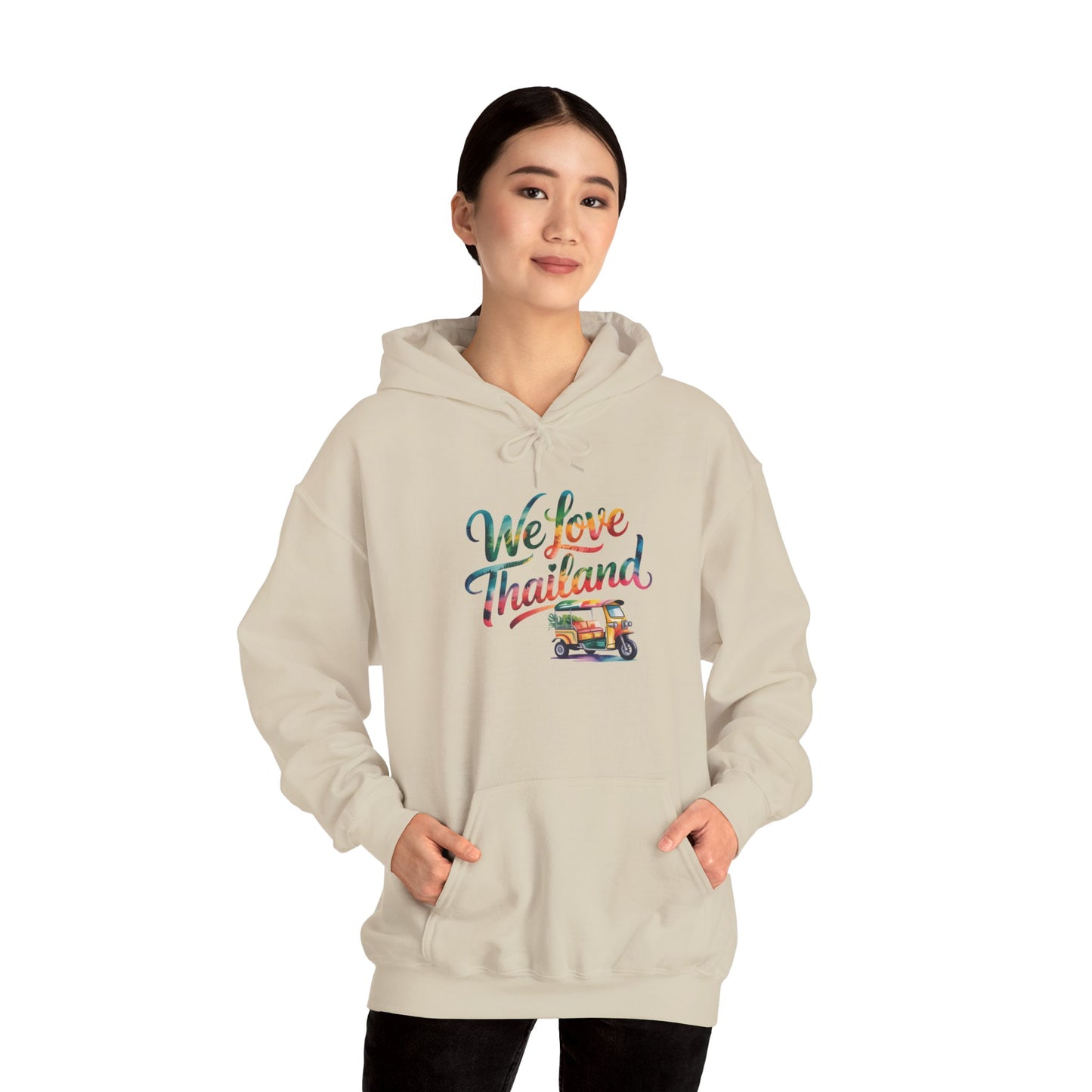 thailand travel hoodie — "we love thailand" tuk tuk graphic