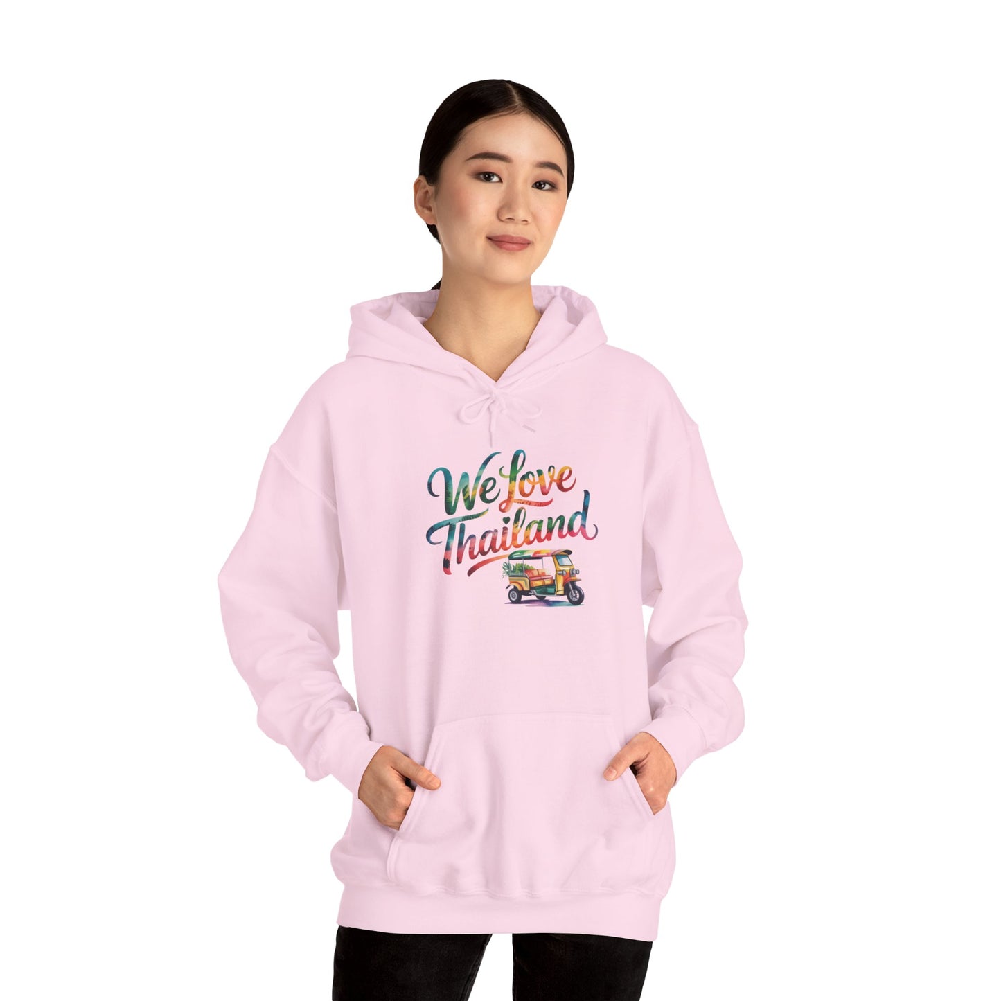 thailand travel hoodie — "we love thailand" tuk tuk graphic