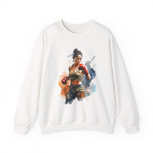 Muay Thai Lady Crewneck Sweatshirt — Female Watercolor Muay Thai Fighter